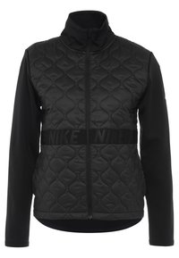 Veste matelassée noire avec fermeture éclair intégrale à l'avant, col montant, manches en tissu lisse et bande discrète avec logo Nike au niveau de la taille.