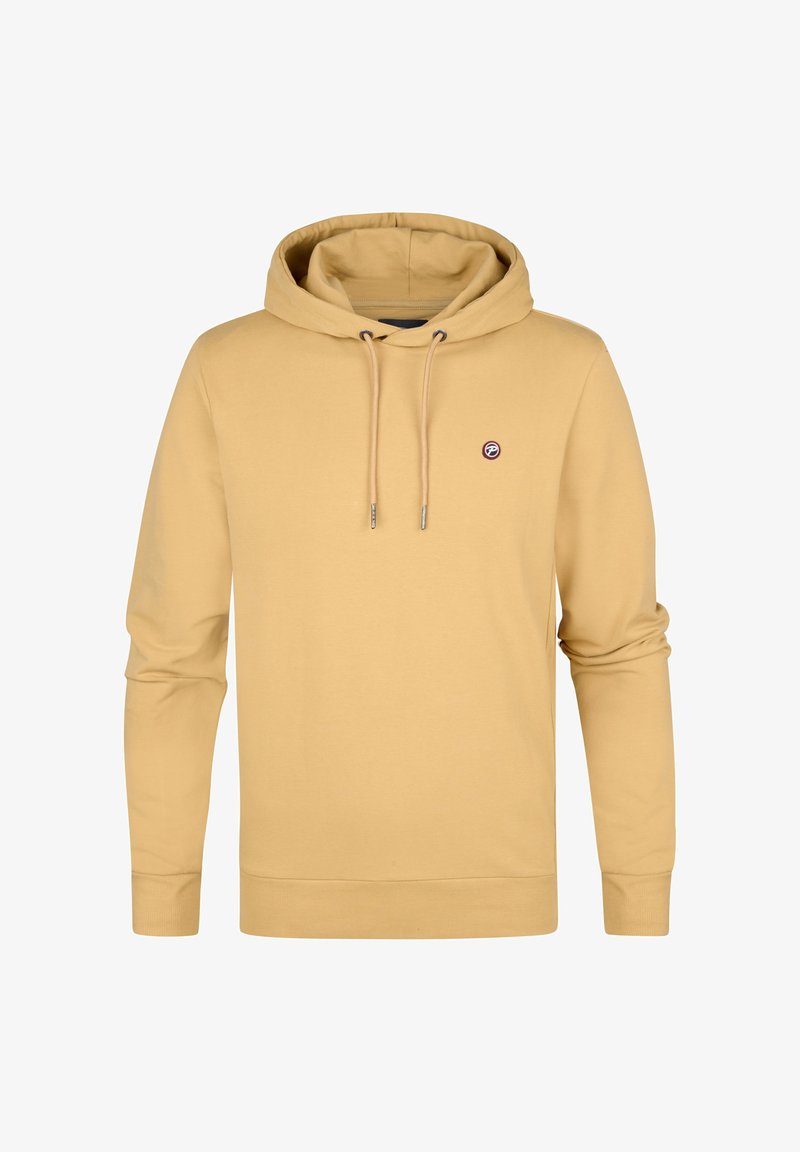 Geel hoodie gemaakt van zacht katoen, met een trekkoord, geribde manchetten en een klein geborduurd logo op de borst.