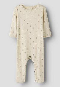 Rompers pour bébé côtelé couleur blanc cassé avec des manches longues, motif floral rose, boutons-pression le long de l'entrejambe et bordure festonnée au niveau du col.