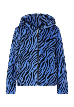 Kék és fekete műszőrme cipzáras kapucnis pulóver, tigriscsíkos mintával és puha textúrával.