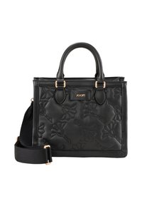 Borsa a mano in pelle nera con motivi floreali in rilievo, manici doppi e tracolla nera rimovibile. Accenti in metallo color oro.
