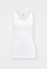 Camiseta sin mangas de algodón blanca con escote redondo, exhibida sobre un fondo gris claro.