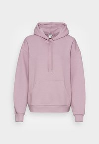 Felpa rosa con cappuccio, maniche lunghe e tasca a marsupio. Presenta una vestibilità comoda e dettagli con cordini. Tessuto morbido.
