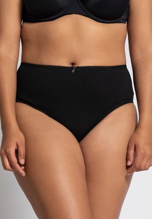 Zwarte high-waisted onderbroek gemaakt van zacht katoen. Kenmerkt zich door een kanten rand en een klein strikje als accent op de tailleband. Gladde textuur.