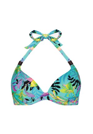 Trójkątny biustonosz bikini w kwiatowy tropikalny wzór w odcieniach niebieskiego, zielonego i różowego. Posiada związane ramiączka oraz czarny zamek akcentowy.