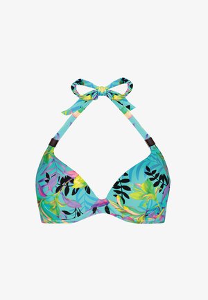 Trójkątny biustonosz bikini w kwiatowy tropikalny wzór w odcieniach niebieskiego, zielonego i różowego. Posiada związane ramiączka oraz czarny zamek akcentowy.
