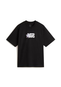 Black cotton t-shirt with short sleeves, featuring a colorful graphic logo design at the center. Crew neck design, classic fit.