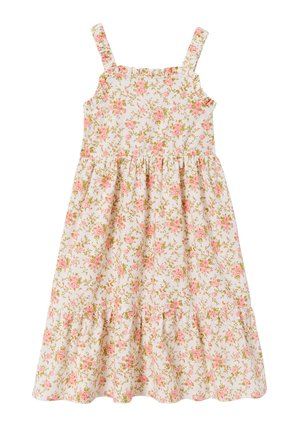 White sleeveless dress with pink and green floral pattern, gathered waist, and ruffled straps and hem, designed for a child.
