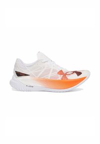 White athletic shoes with an orange gradient outsole, textured mesh upper, and prominent branding on the side. Lightweight and streamlined design.