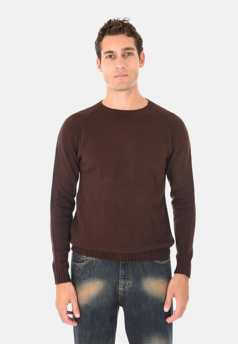 Maglione lavorato a maglia marrone con colletto rotondo, polsini e orlo a costine. Indossato con jeans blu sbiaditi, che mostrano una vestibilità comoda.