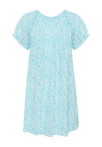 Robe florale bleu clair avec des manches courtes bouffantes, un col rond et une coupe ample. Le tissu a une apparence texturée et fluide.