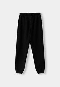 Mustat collegehousut, joissa on joustava vyötärönauha, säädettävä kiristysnauha ja resorit lahkeensuissa. Valmistettu pehmeästä, sileästä materiaalista, sivutaskut.