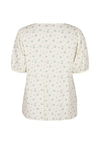 Floral blouse in cream with blue mini flowers, ribbed texture, short puff sleeves, and a rounded neckline. Back view showcases pattern and fit.