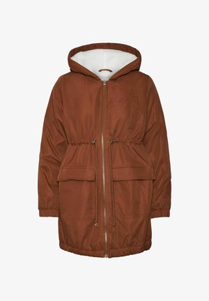 Brown hooded jacket with a zip front, drawstring waist, two front pockets, and a soft white interior lining. Smooth texture and casual design.