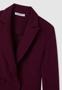 Blazer bordeaux con una vestibilità su misura, rever affilati, chiusura a doppio bottone e superficie liscia. Etichetta con la scritta "Terranova".