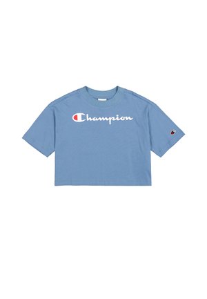 T-shirt blu tagliata in cotone, con il logo bianco "Champion" sul davanti e un piccolo logo sul lato sinistro della manica.