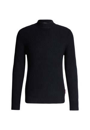 Zwarte geribbelde gebreide trui met een hoge hals en lange mouwen. Kenmerkt zich door een aansluitend ontwerp met een zachte textuur en minimale stikdetails.