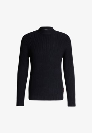 Schwarzer gerippter Strickpullover mit hohem Kragen und langen Ärmeln. Verfügt über ein tailliertes Design mit einer weichen Textur und minimalen Nähdetails.