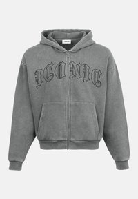 Γκρι φούτερ με φερμουάρ και μπροστινές τσέπες, με την επιγραφή «ICONIC» σε μαύρο, φτιαγμένο από μαλακό ύφασμα με άνετη εφαρμογή και ριμπ μανσέτες.