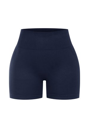 Navyblauwe hoge taille shorts gemaakt van een rekbare, gladde stof. Gekenmerkt door een brede tailleband en een aansluitend ontwerp, ideaal voor comfort en beweging.