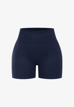 Shorts a vita alta color blu navy realizzati in un tessuto elasticizzato e liscio. Presentano una cintura larga e un design aderente, ideali per il comfort e il movimento.