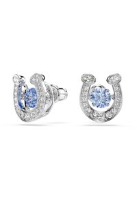 Silver horseshoe-shaped earrings feature a central blue gemstone surrounded by clear crystals. Smooth texture with shiny finish.
