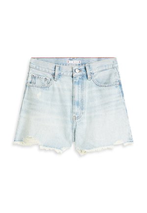 Light blue denim shorts with a frayed hem and slight distressing, featuring front pockets, belt loops, and a button closure.