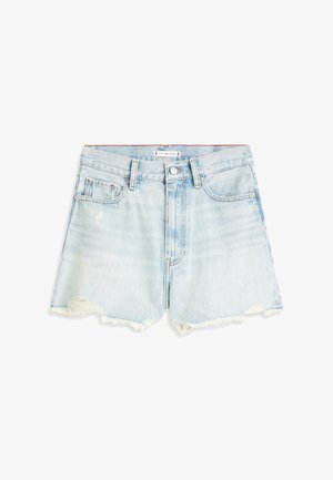 Shorts di denim azzurro chiaro con orlo sfrangiato e leggeri segni di usura, dotati di tasche frontali, passanti per cintura e chiusura con bottone.