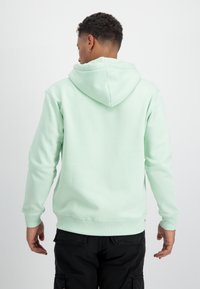 Felpa verde menta con cappuccio regolabile, polsini e orlo. Design semplice, realizzata in cotone, vista da dietro, indossata sopra pantaloni cargo neri.