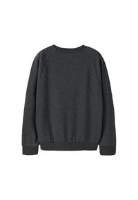 Felpa grigia scura, colletto girocollo con bordo a coste e polsini a coste, maniche raglan, tessuto strutturato, retro senza cuciture, design casual.