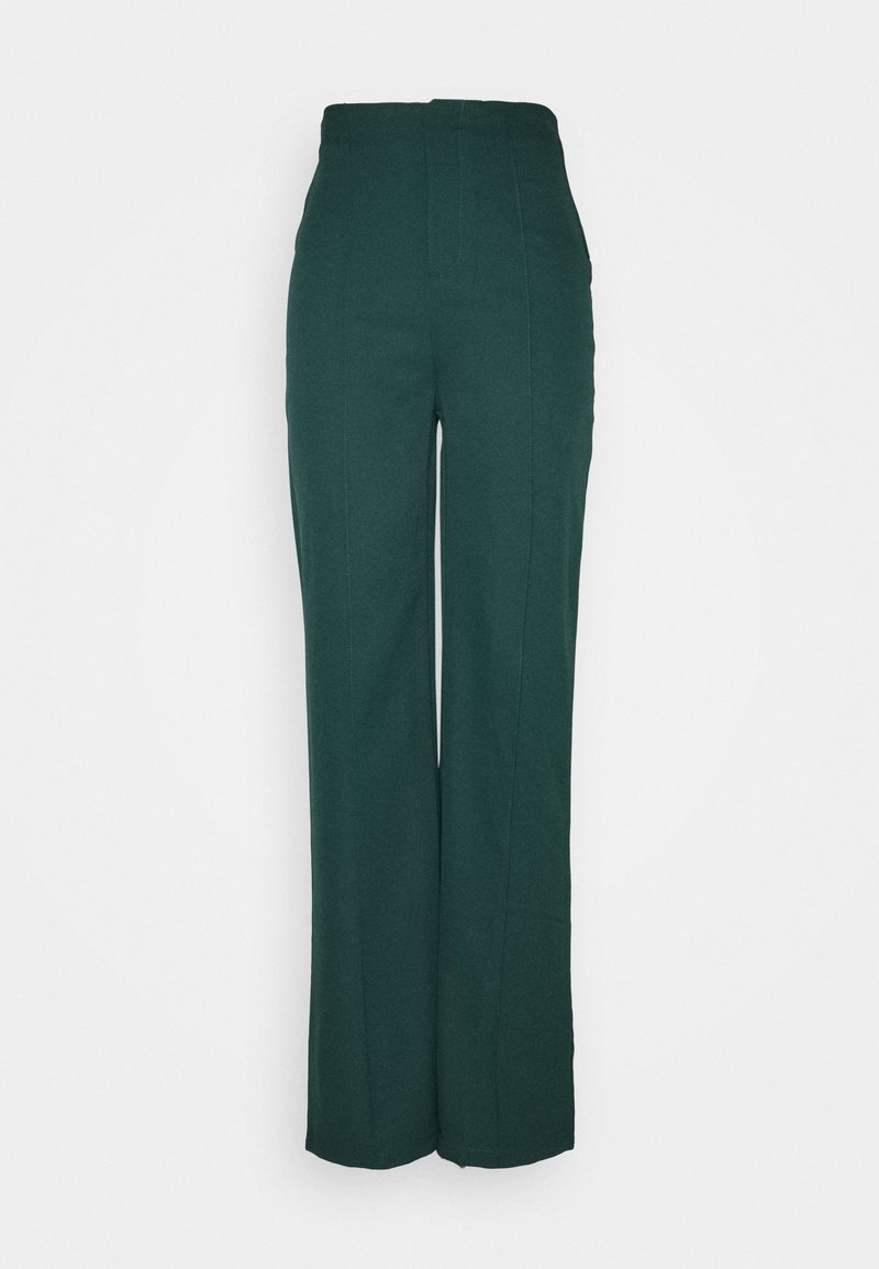Pantalon vert foncé taille haute à jambes larges avec coutures devant, présenté sur fond blanc uni.