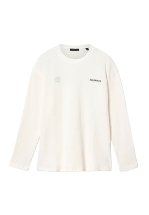 Maglione bianco a manica lunga in tessuto waffle con scollo rotondo, logo ricamato e superficie testurizzata. Design semplice senza motivi.