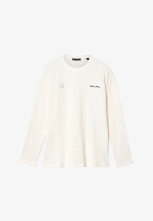 Wit trui met lange mouwen in wafelkatoen, voorzien van een ronde hals, geborduurd logo en een gestructureerd oppervlak. Eenvoudig ontwerp zonder patronen.