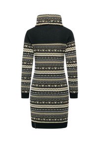 Strickkleid mit hohem Kragen, schwarz-creamfarbendes geometrisches Muster, langen Ärmeln, körpernaher Form und einfarbigen schwarzen Akzenten am Saum und an den Bündchen.
