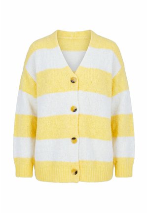 Kraftig strikket cardigan med brede vandrette gule og hvide striber, V-hals, lange ærmer, ribstrikkede manchetter og kant, samt fire marmorerede knapper foran.