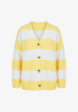 Kraftig strikket cardigan med brede vandrette gule og hvide striber, V-hals, lange ærmer, ribstrikkede manchetter og kant, samt fire marmorerede knapper foran.