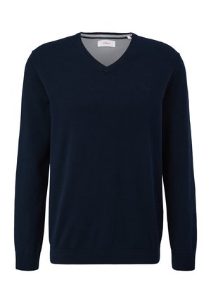 Marineblauwe V-hals trui van zacht breimateriaal met lange mouwen en geribde boorden en onderkant; heeft een klein logo op de borst.