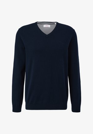 Mornarsko plava V-neck pulover izrađen od mekog pletenog materijala s dugim rukavima i rebrastim manžetama i rubom; sadrži mali logo na prsima.