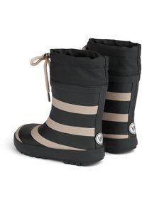 Bottes de pluie en caoutchouc noir avec des rayures horizontales beiges, col froncé avec cordon de serrage et semelles noires texturées. Accent logo blanc sur le talon.
