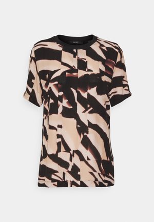 Beiges und schwarzes T-Shirt mit abstraktem Muster, kurzen Ärmeln und rundem Ausschnitt.