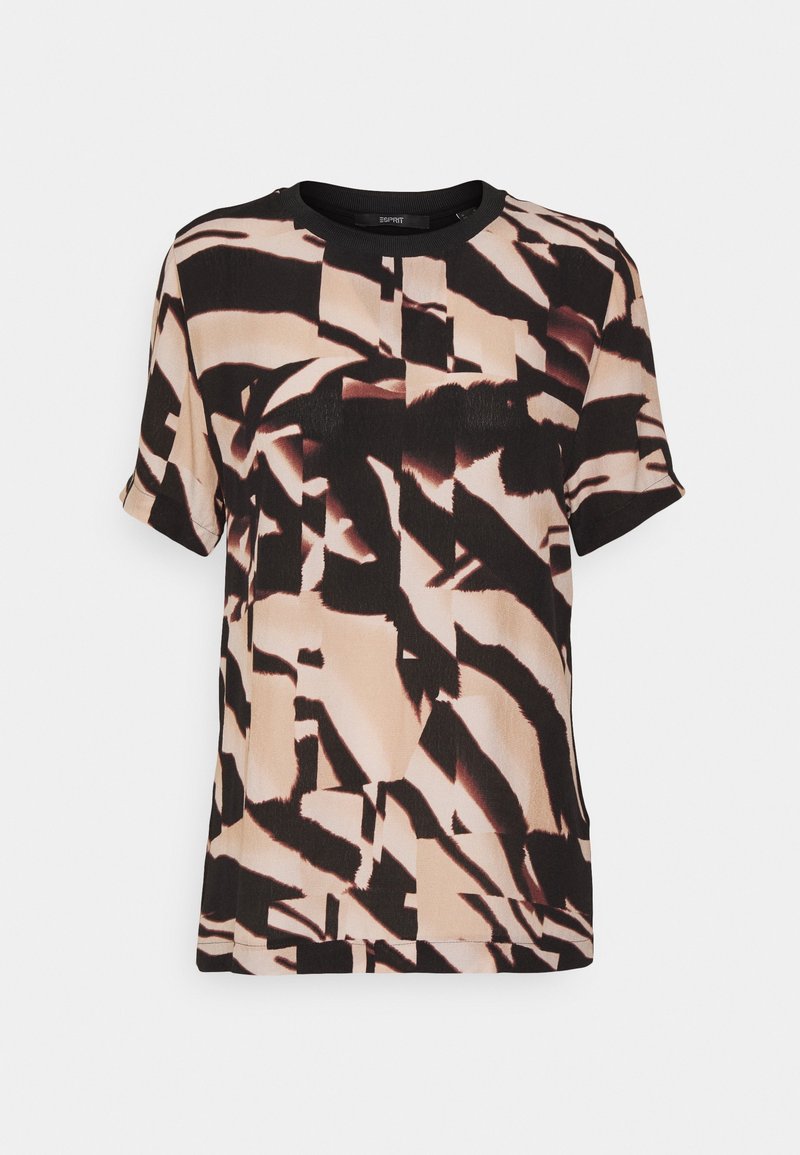 T-shirt beige et noir à manches courtes avec un motif abstrait et un col rond.