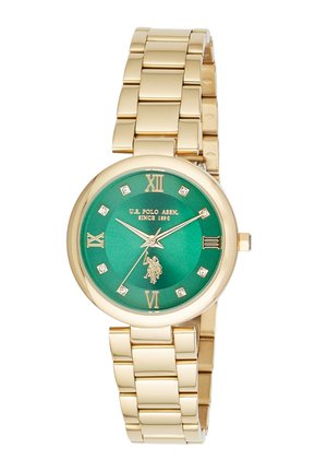 Orologio da polso in metallo dorato con quadrante verde, logo U.S. Polo Assn., numeri romani alle ore 12, 3, 6, 9 e indici delle ore in cristallo sul quadrante.
