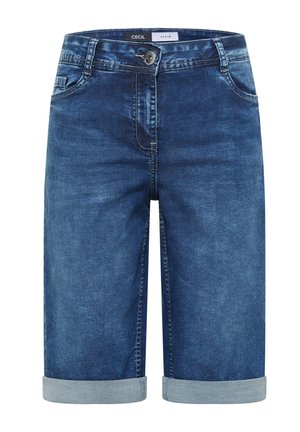 Blauwe denimshorts met opgerolde zoom, voorste knoop, ritssluiting, riemlussen en voorzakken, met label Cecil Denim.