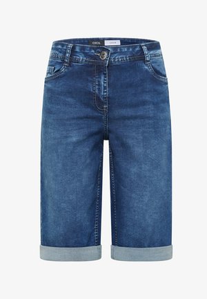 Blaue Jeansshorts mit umgeschlagenen Bündchen, vorderem Knopf, Reißverschluss, Gürtelschlaufen und vorderen Taschen, beschriftet mit Cecil Denim.