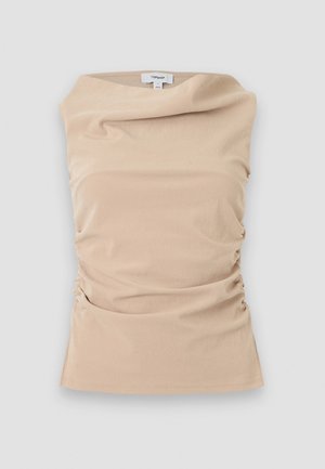 Bézs színű, ujjatlan, ráncolt felső hajtogatott nyakkivágással, laposan kihelyezve, a nyak belső részén Topshop címkével.