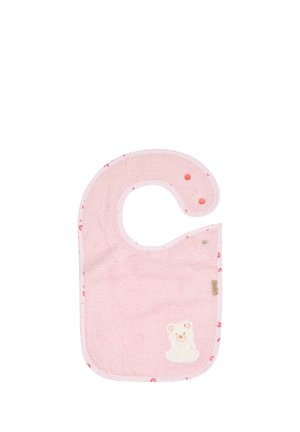 Soft pink baby bib with snap closures and a small white teddy bear embroidery on the bottom right corner.