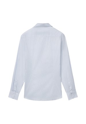 Hellblaues Langarmhemd mit einem dezenten Karomuster, Knopfmanschetten und einem klassischen Kragen. Glatter Stoff mit einer strukturierten Passform.