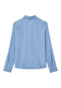 Camicia azzurra chiaro a maniche lunghe realizzata in tessuto liscio, con colletto classico, dettaglio plissettato sul retro e polsini con bottoni e accenti dorati.