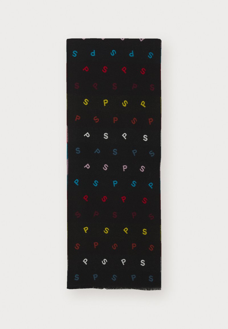 Mustakael, millel on korduvad mitmevärvilised "P" mustrid punases, kollases, sinises, roosas ja valges. Pehme kangas, mille servad on kiilukujulised.