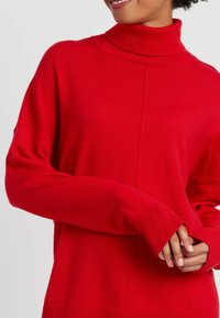 Maglione rosso a collo alto con maniche lunghe, realizzato in tessuto morbido. Presenta un collo e polsini a coste, con un taglio dritto e senza motivi visibili.
